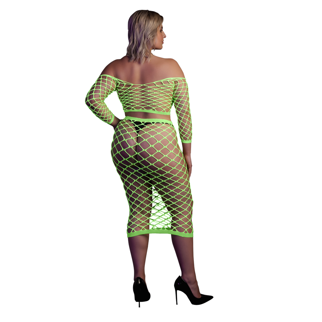 Long Sleeve Crop Top and Long Skirt - Plus Size - Neon Green 3
