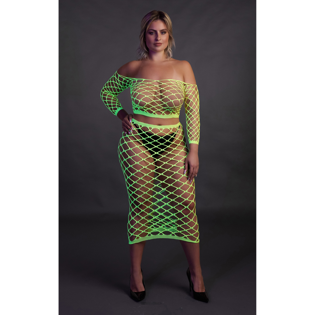 Long Sleeve Crop Top and Long Skirt - Plus Size - Neon Green 4