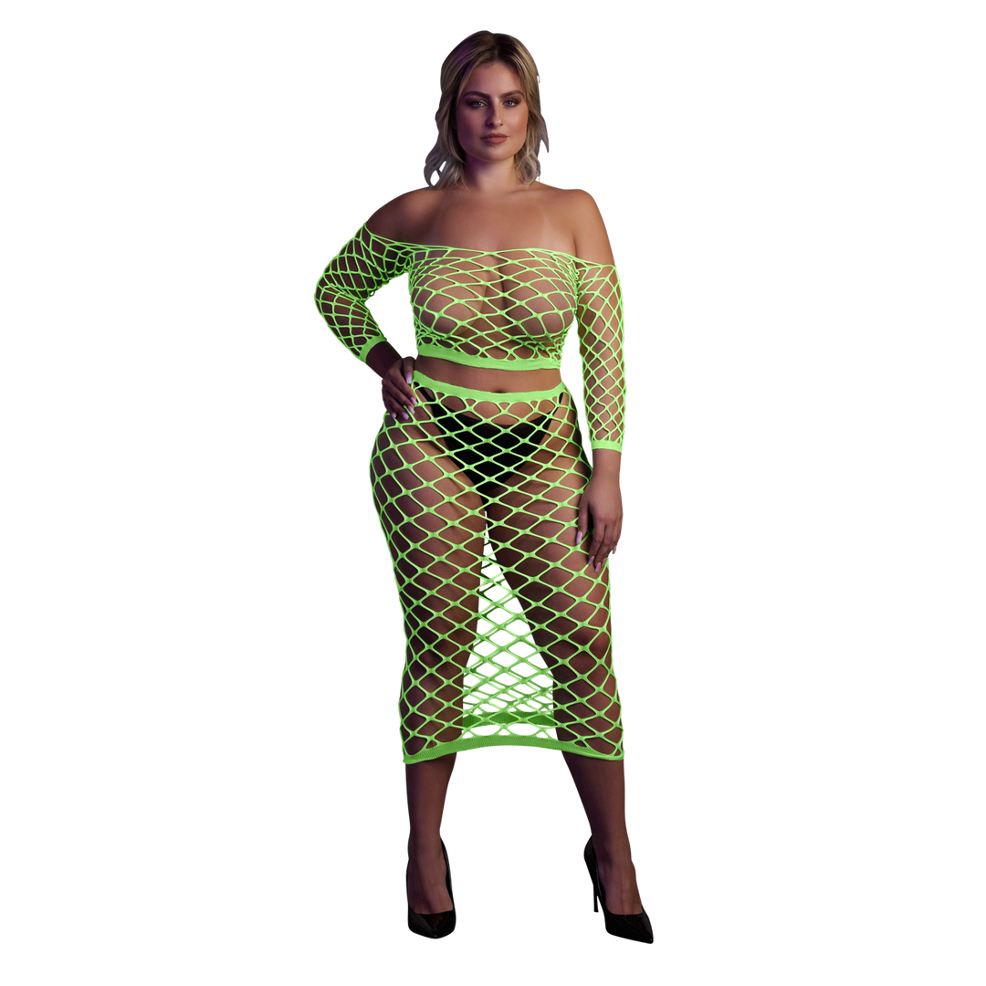 Long Sleeve Crop Top and Long Skirt - Plus Size - Neon Green 1