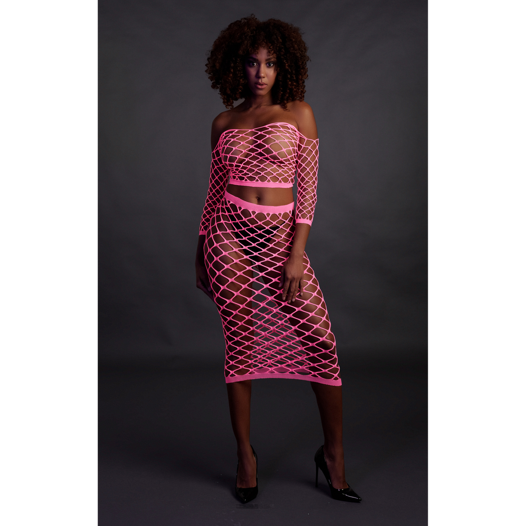 Long Sleeve Crop Top and Long Skirt - One Size - Neon Pink 4