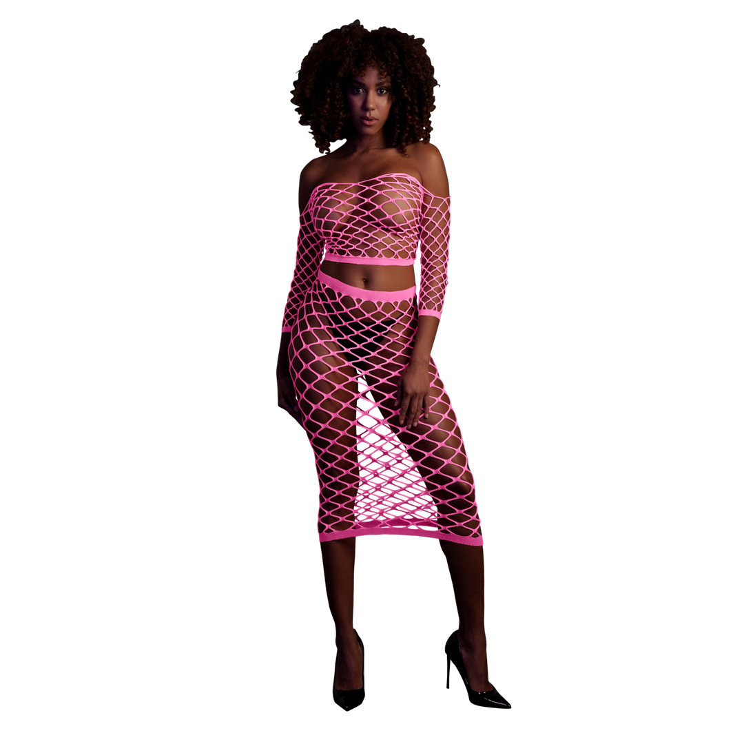 Long Sleeve Crop Top and Long Skirt - One Size - Neon Pink 1