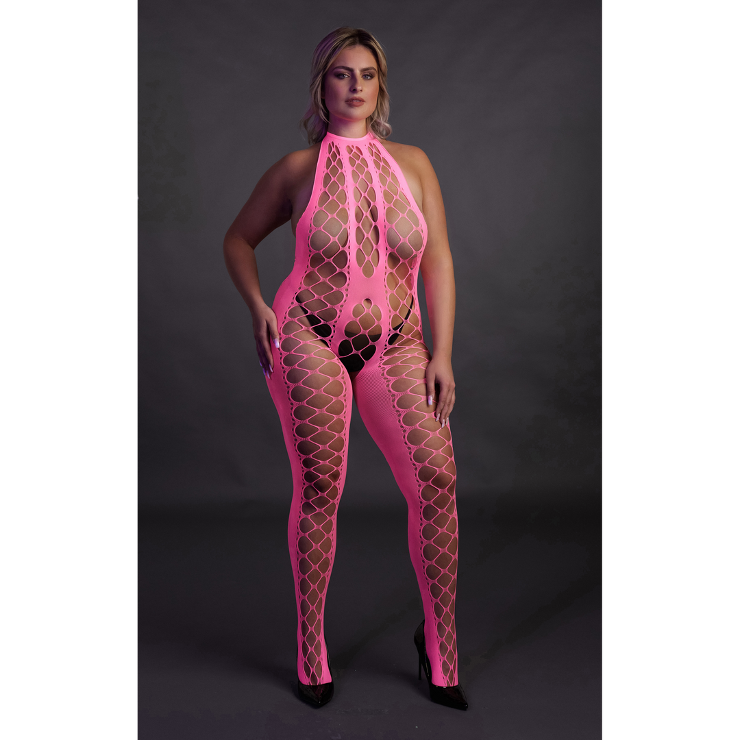 Bodystocking with Halterneck - Plus Size - Neon Pink 4