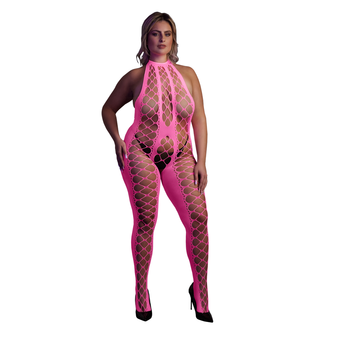 Bodystocking with Halterneck - Plus Size - Neon Pink 1