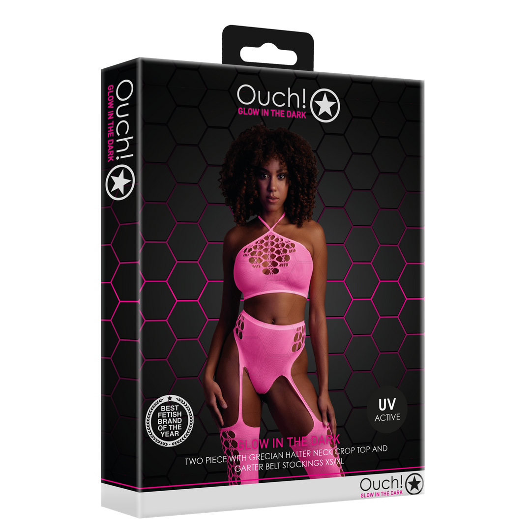 Two Piece with Crop Top and Stockings - One Size - Neon Pink 2