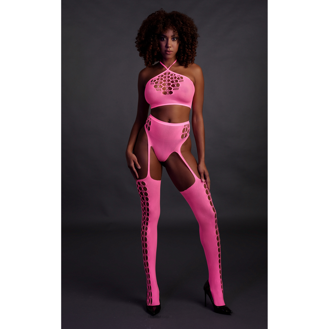 Two Piece with Crop Top and Stockings - One Size - Neon Pink 4