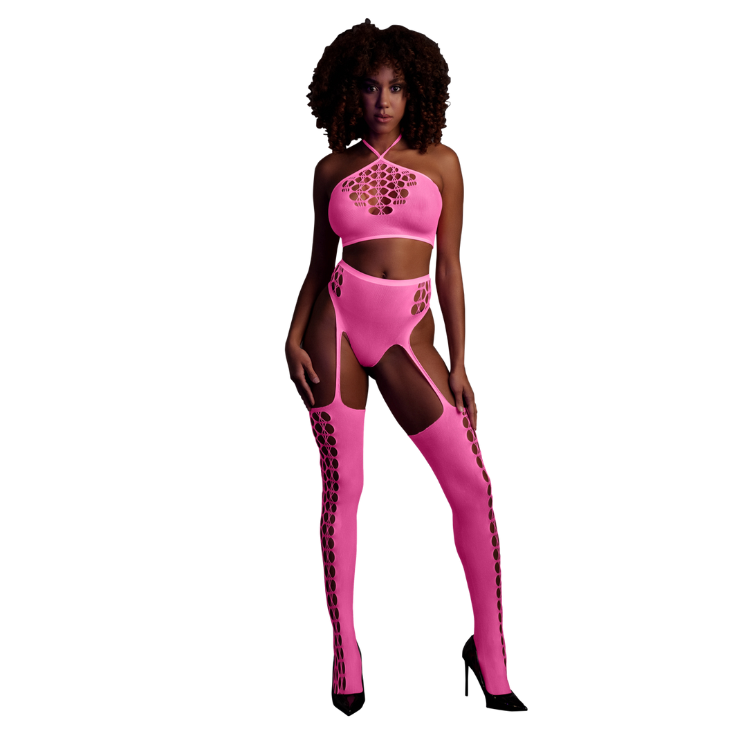 Two Piece with Crop Top and Stockings - One Size - Neon Pink 1