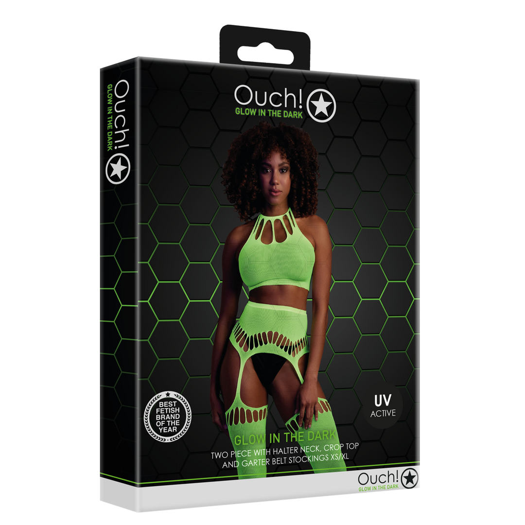 Two Piece with Crop Top and Stockings - One Size - Neon Green 2