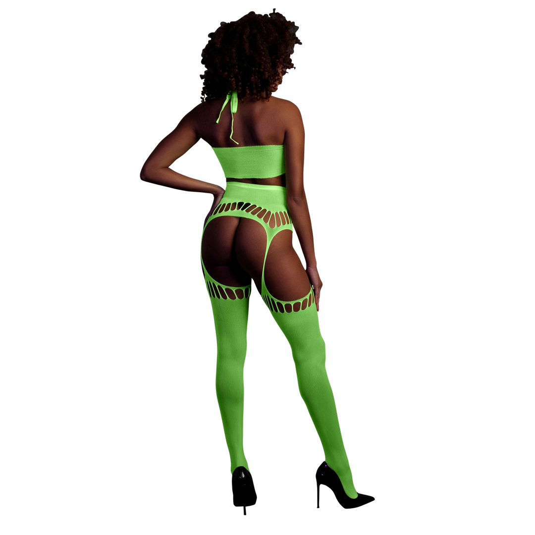 Two Piece with Crop Top and Stockings - One Size - Neon Green 3