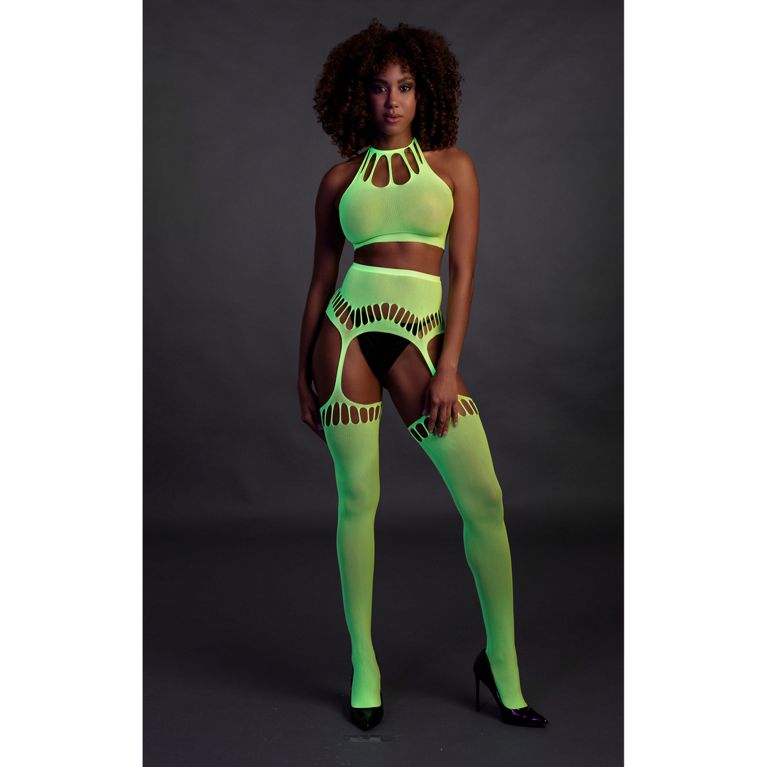 Two Piece with Crop Top and Stockings - One Size - Neon Green 4