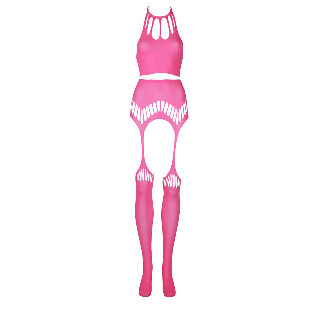 Two Piece with Crop Top and Stockings - One Size - Neon Pink 6