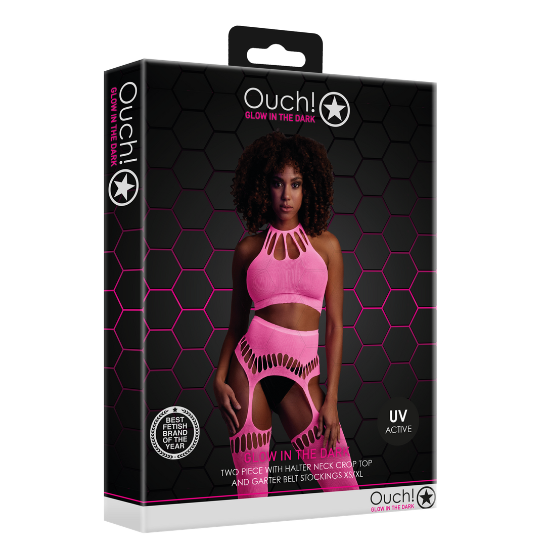 Two Piece with Crop Top and Stockings - One Size - Neon Pink 2