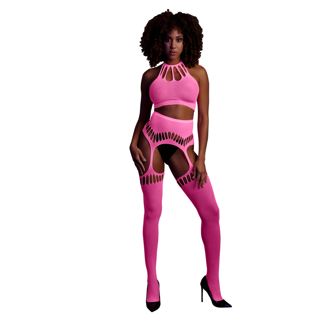 Two Piece with Crop Top and Stockings - One Size - Neon Pink 1