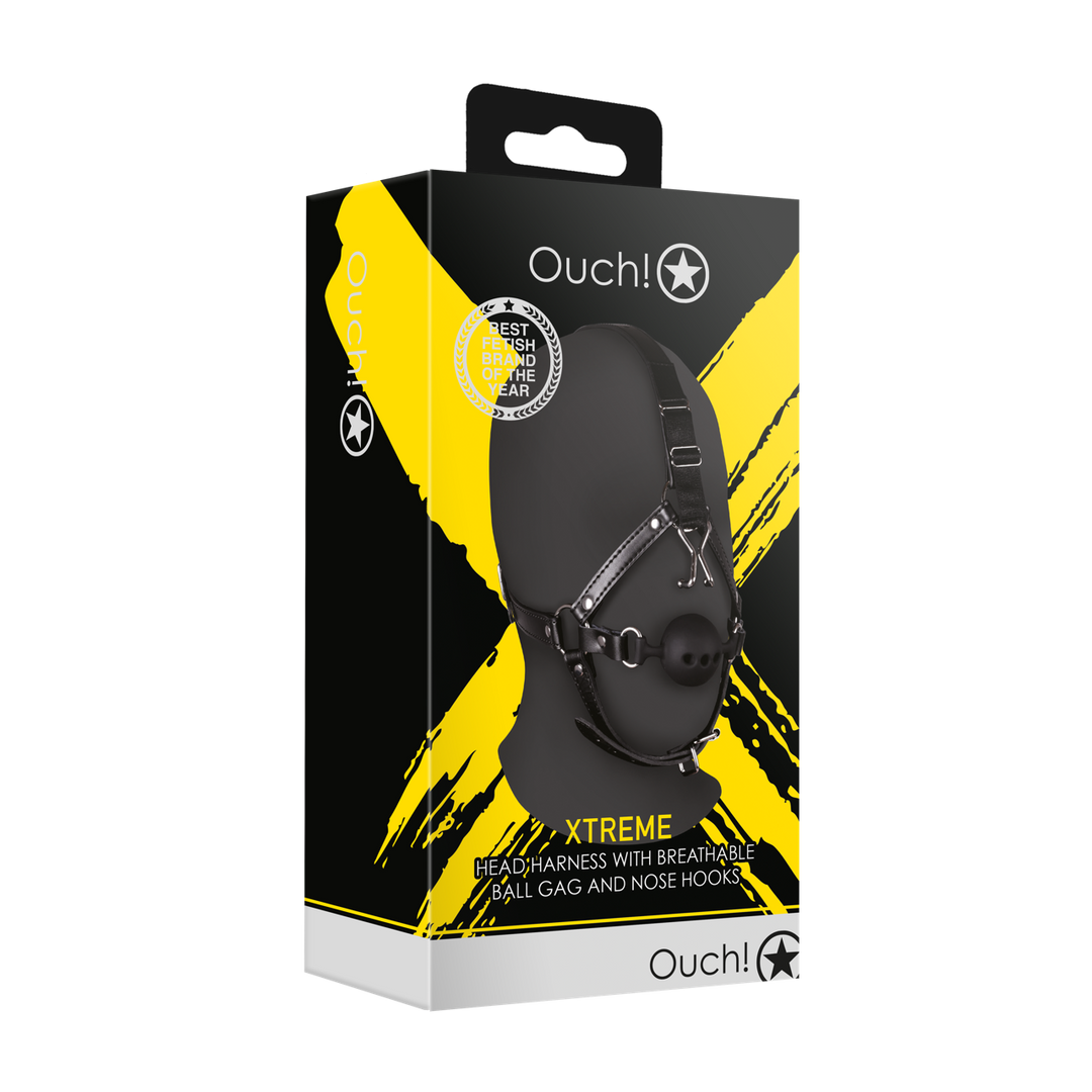 Head Harness with Breathable Ball Gag and Nose Hooks - Black 2