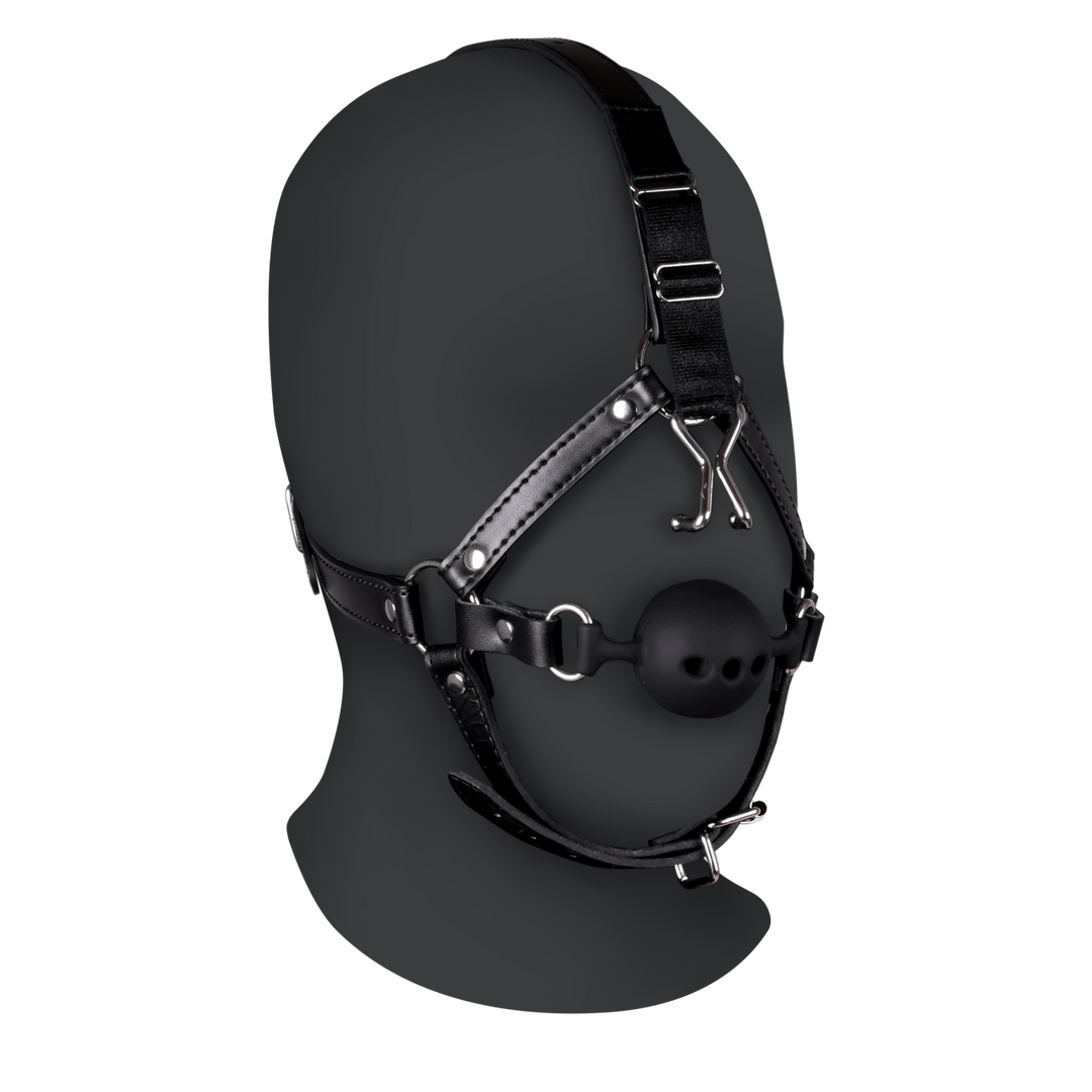 Head Harness with Breathable Ball Gag and Nose Hooks - Black 1