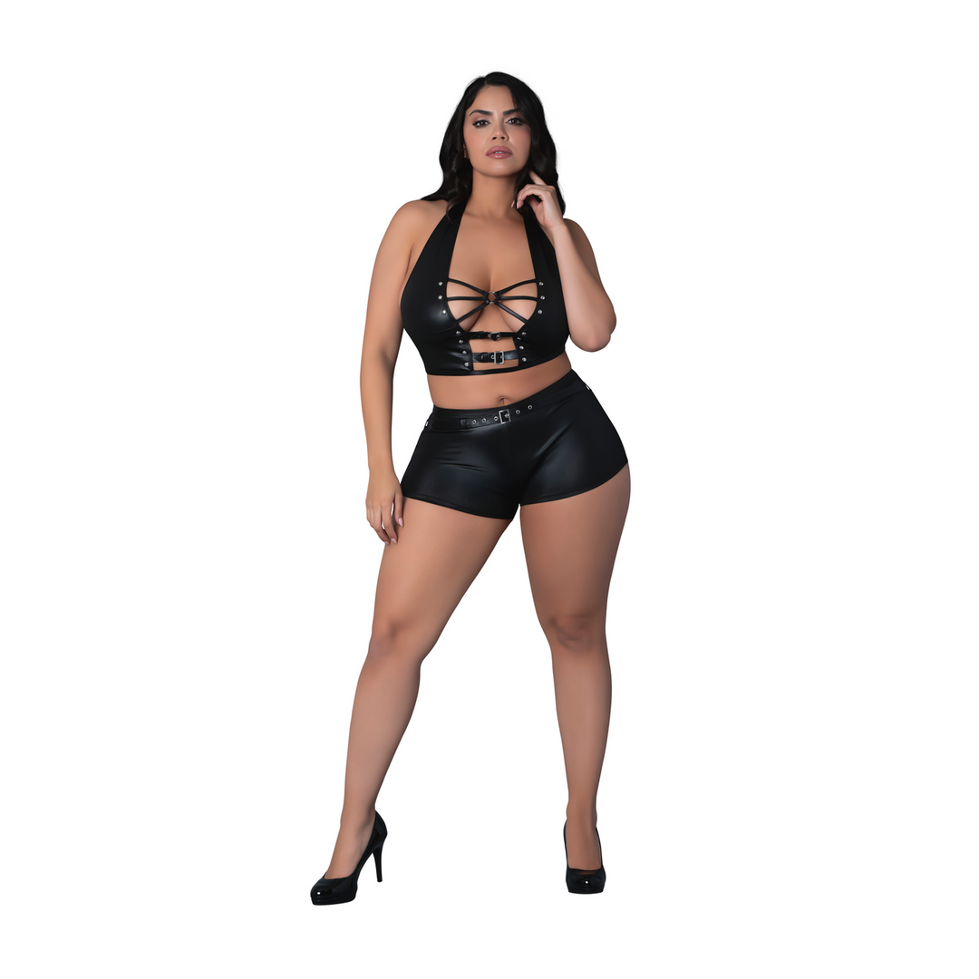 Thalia - Halter Top and Shorts with Rings and Studs - 2X - Black 1