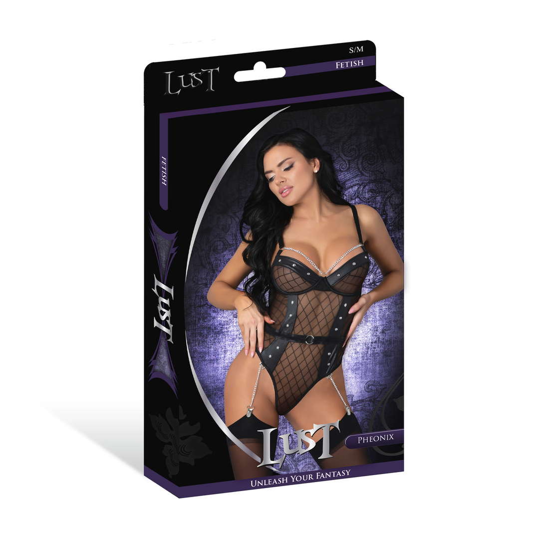 Phoenix - Diamond Mesh Teddy and Garters with Chains Rings and Studs - L/X - Black 2