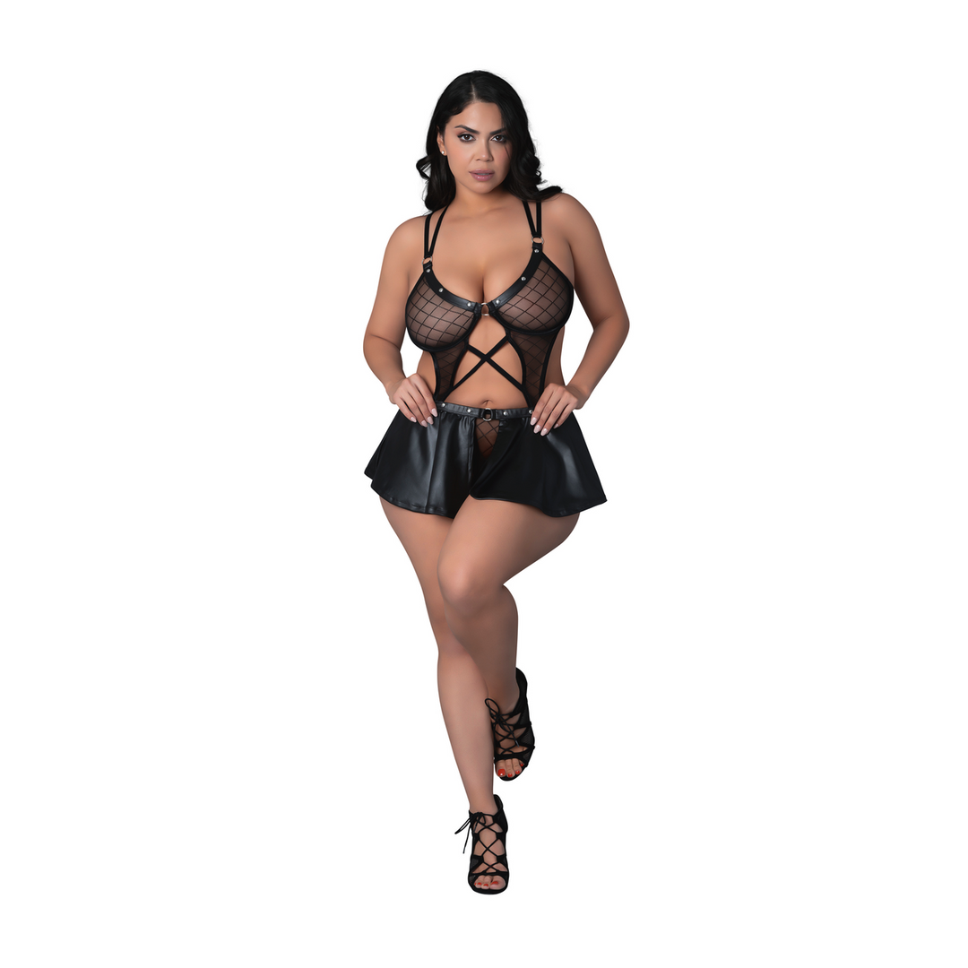Anastasia - Cami Open Scrotch Skirt Panty and Bra with Rings and Studs - 2X - Black 5