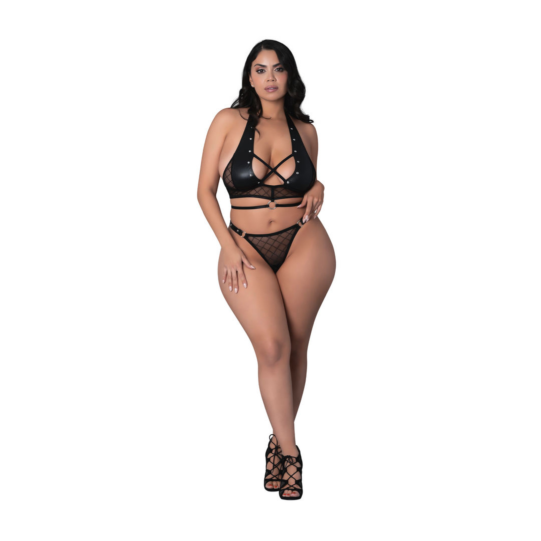 Nadia - Diamond Mesh Halter Top and Ring Thong with Rings Clasps and Studs - 2X - Black 1