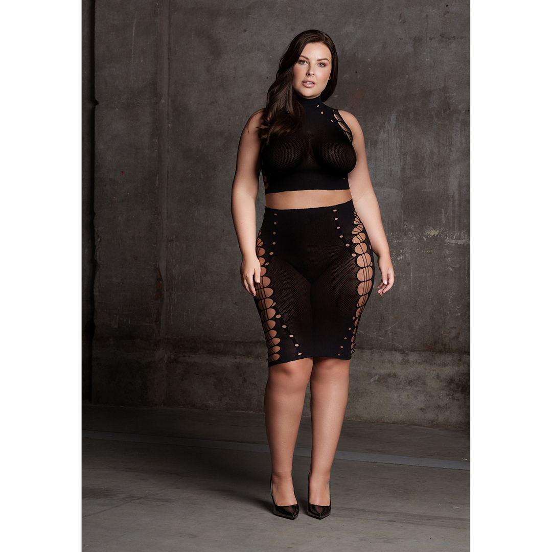 Kala XXXVII - Two Piece with Turtleneck Crop Top and Skirt - Queen Size - Black 6